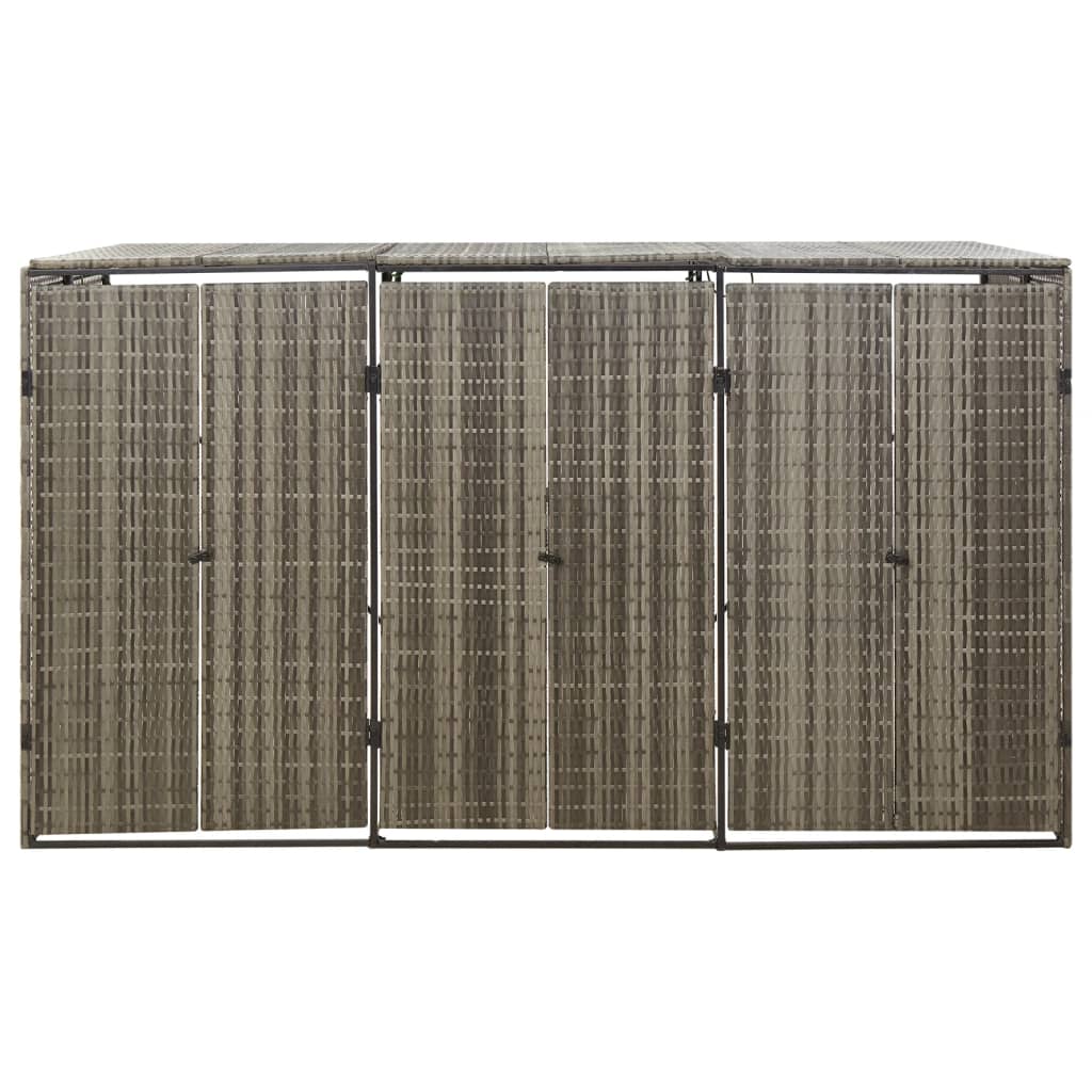 vidaXL Þrefalt sorptunnuskýli á hjólum Grátt 207x80x117 cm Pólýrattan