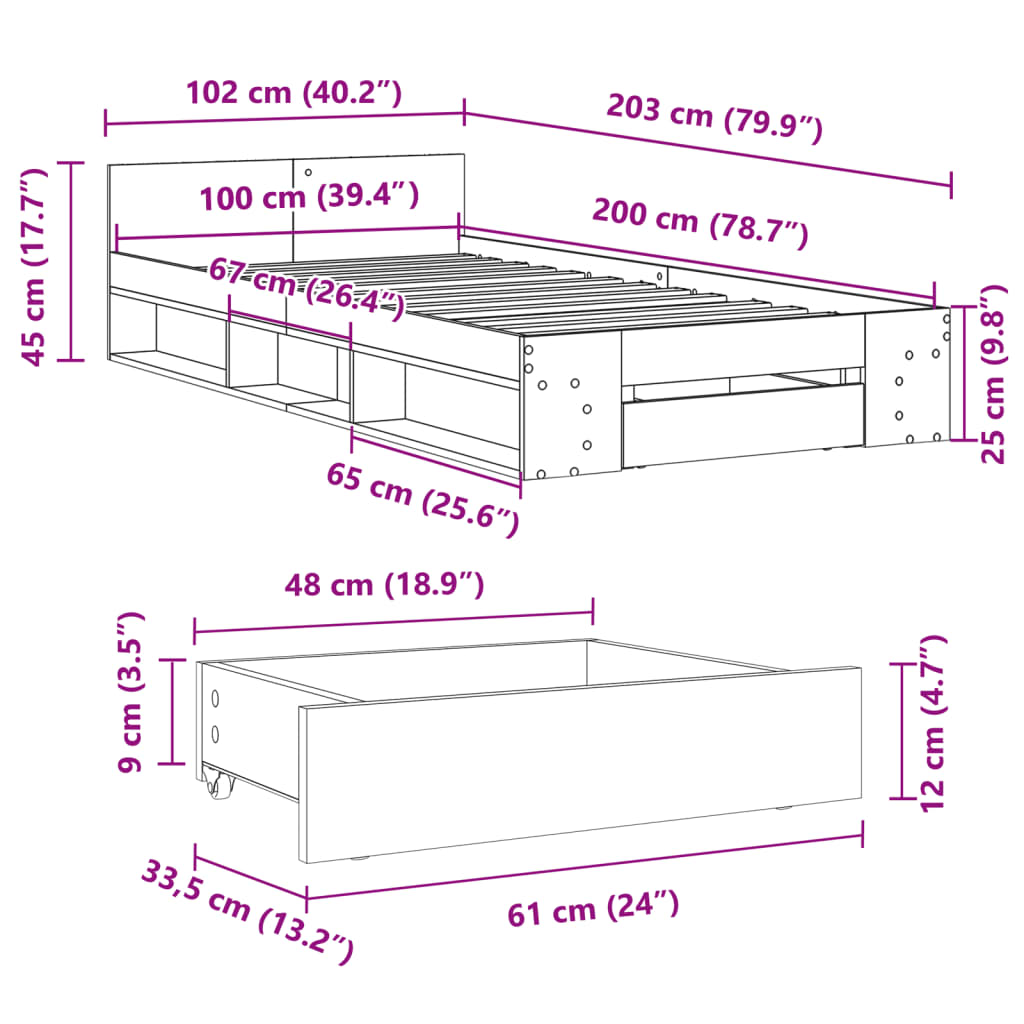 vidaXL Rúmgrind með Skúffu Grár Sonoma 100x200 cm Samsettur Viður