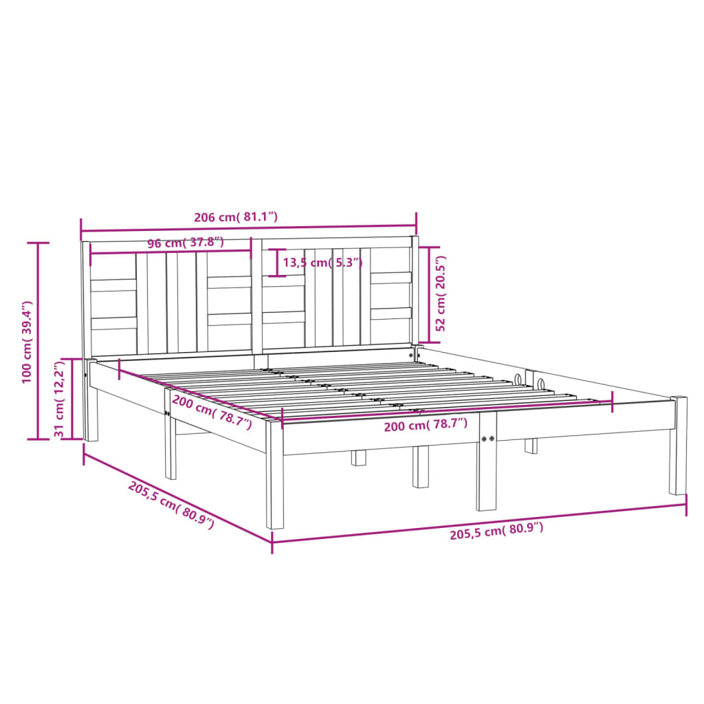 vidaXL Rúmgrind Gegnheill Viður 200x200 cm