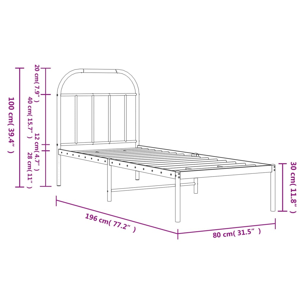 vidaXL Rúmgrind úr Málmi án Dýnu með Höfðagafli Svört 75x190 cm