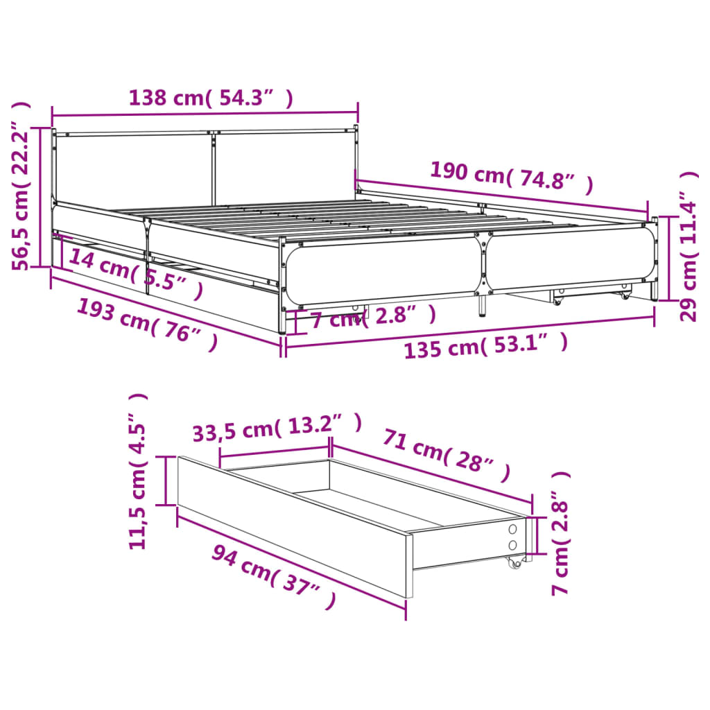 vidaXL Rúmgrind með Skúffum án Dýnu Gráir Sonoma Eik 135x190 cm