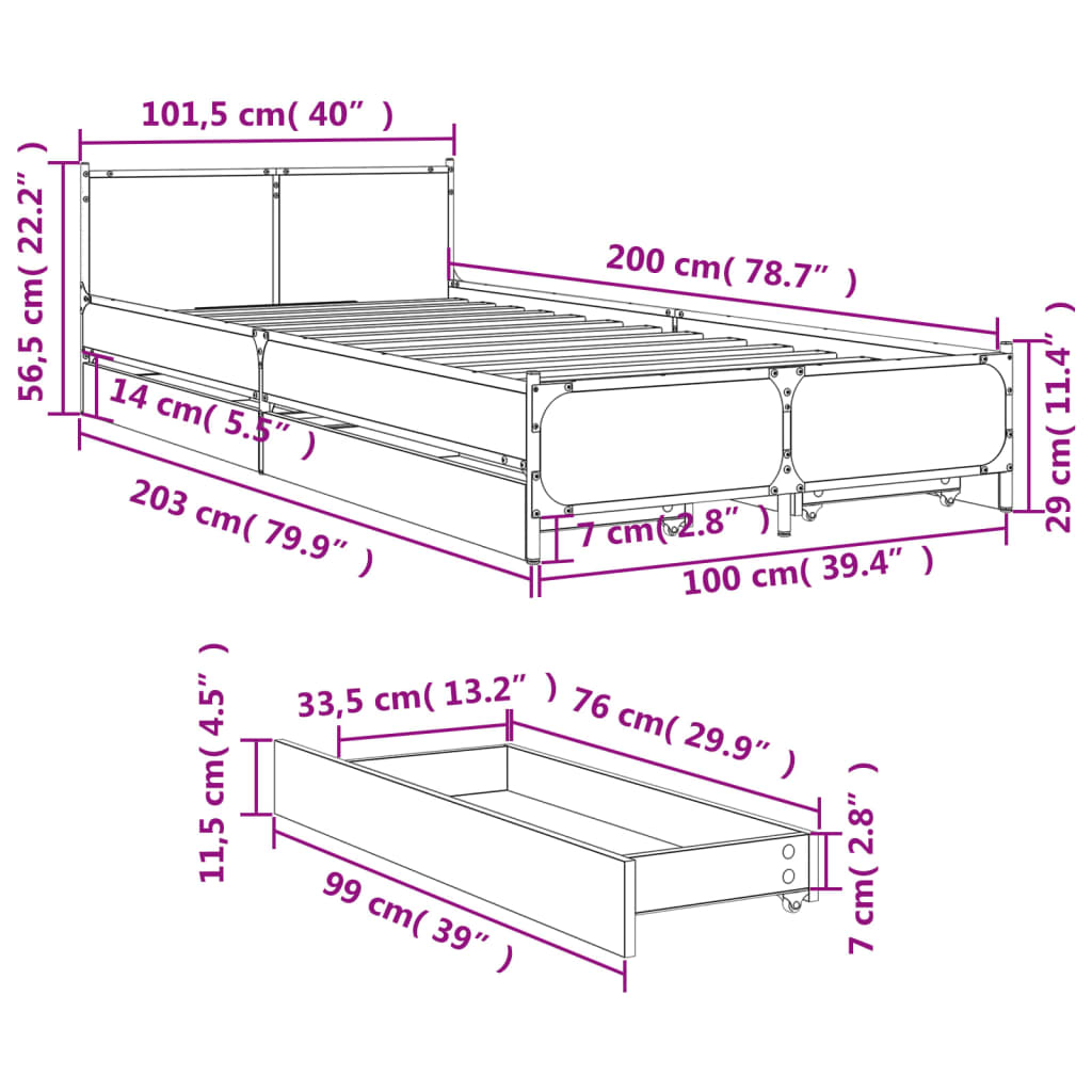 vidaXL Rúmgrind með Skúffum án Dýnu Sonoma Eikarlitur 100x200 cm