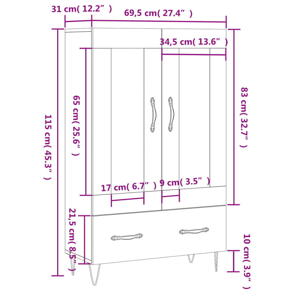 vidaXL Hár Skápur Brún Eik 69,5x31x115 cm Samsettur Viður