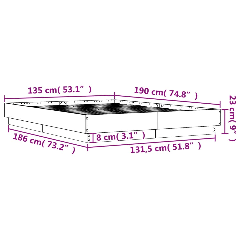 vidaXL Rúmgrind með LED án Dýnu Sonoma Eikarlitur 135x190 cm