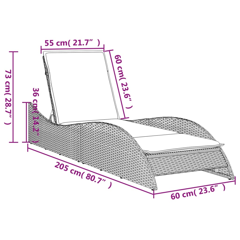 vidaXL Sólbekkur með Sessu 60x205x73 cm Grátt Pólýrattan