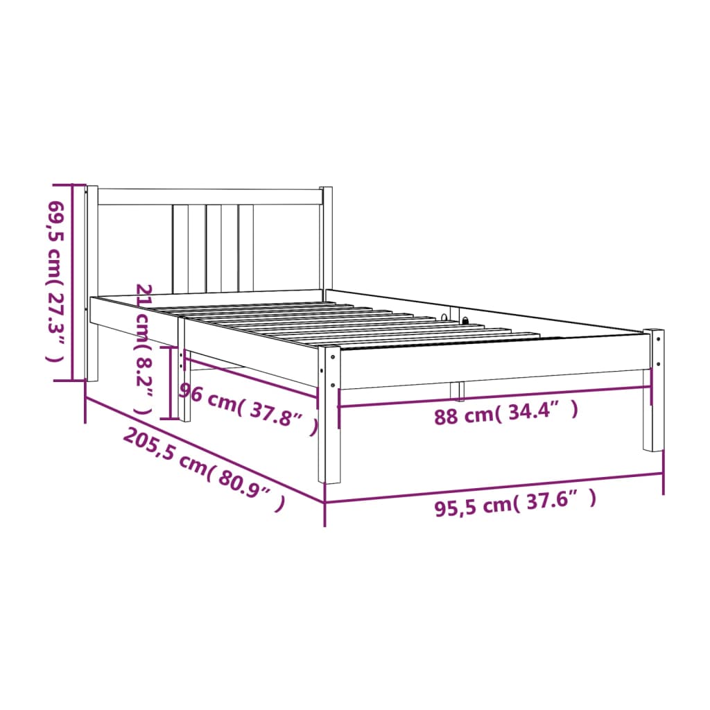 vidaXL Rúmgrind án Dýnu Hvít Gegnheil Viður 90x200 cm