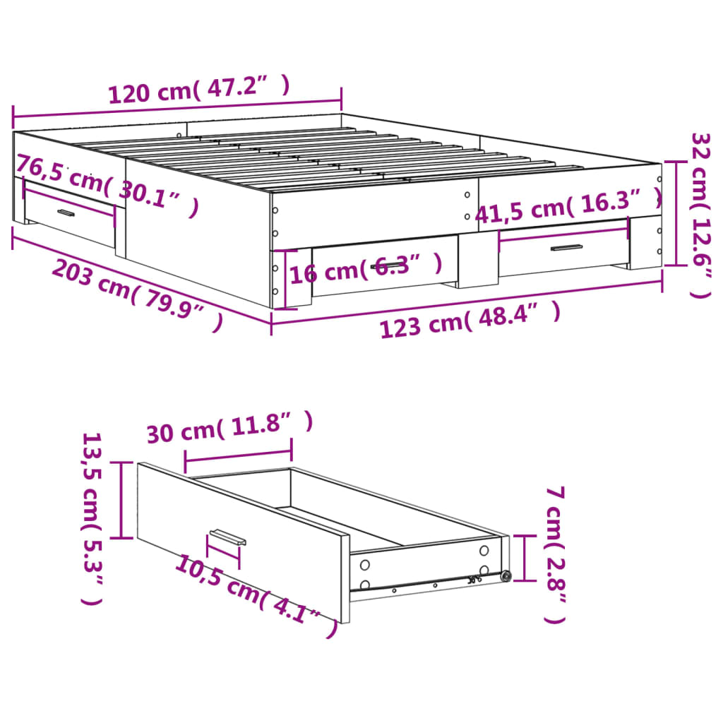 vidaXL Rúmgrind með Skúffum án Dýnu Gráir Sonoma Eik 120x200 cm