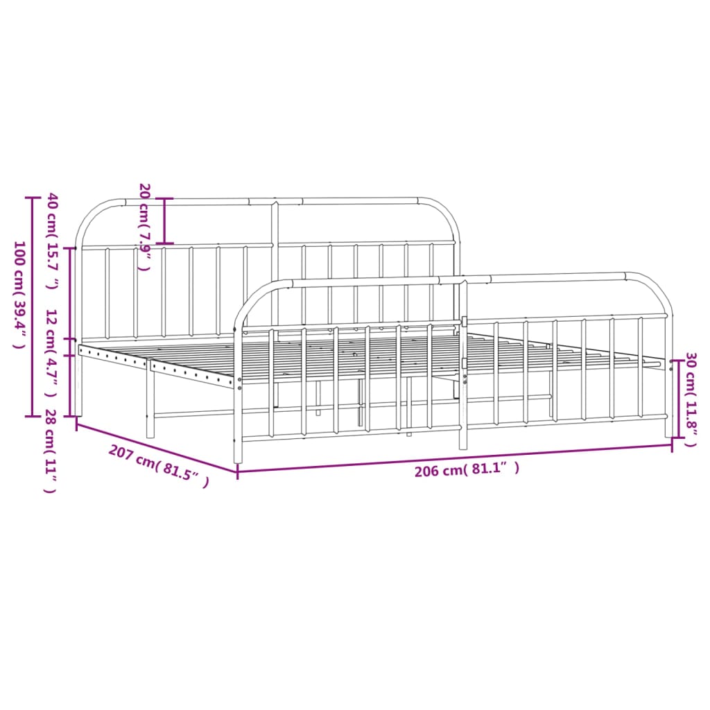 vidaXL Rúmgrind úr Málmi með Höfuðgafli & Fótagafli Hvít 200x200 cm