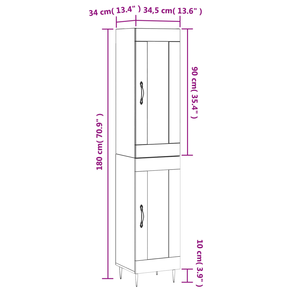 vidaXL Hár Skápur Grár Sonoma 34,5x34x180 cm Samsettur Viður