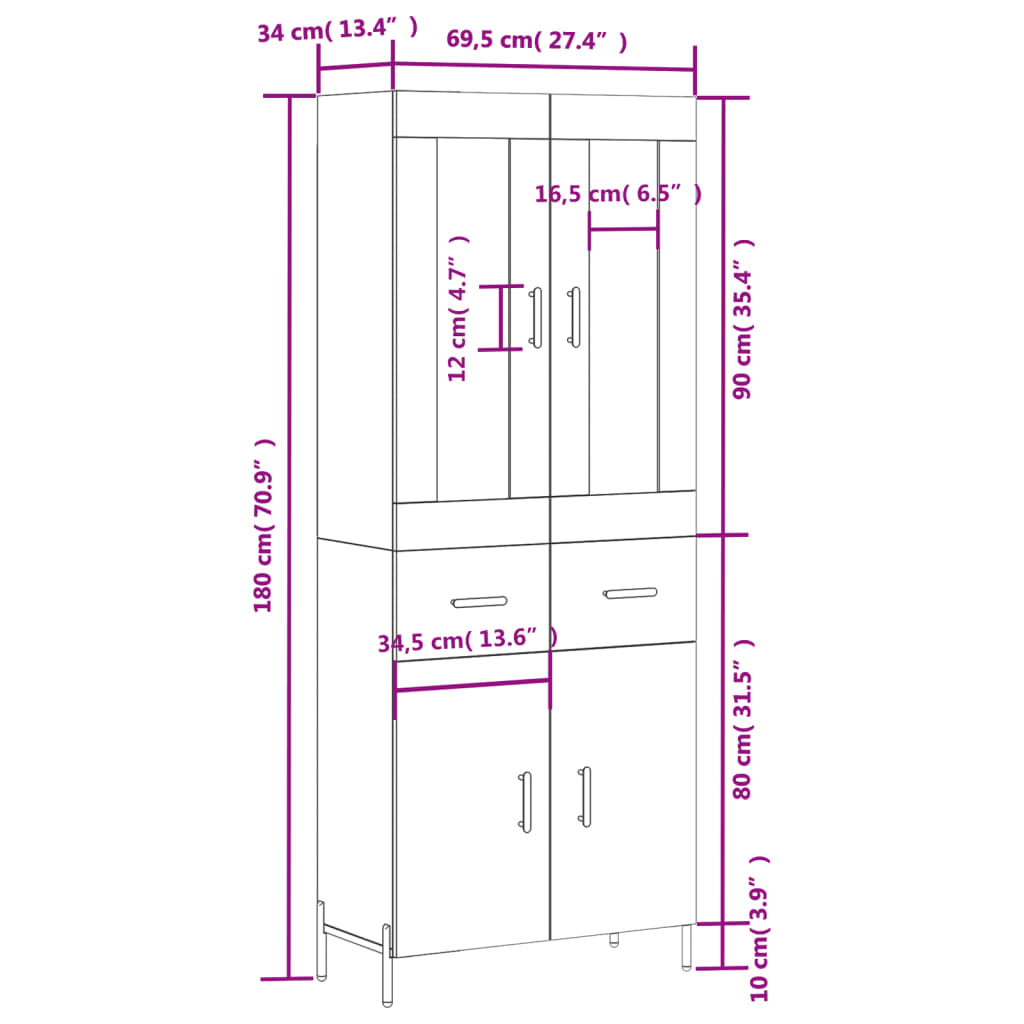 vidaXL Hár Skápur Reyktóna Eikarlitur 69,5x34x180 cm Samsettur Viður