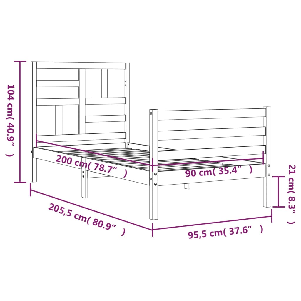 vidaXL Rúmgrind með Höfuðgafli 90x200 cm Gegnheil viðar