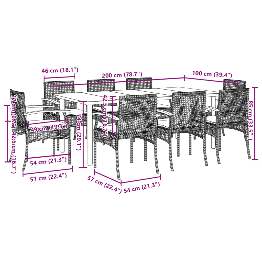 vidaXL 9 Hluta Garðborðsett með Sessum Drappað Pólýrattan