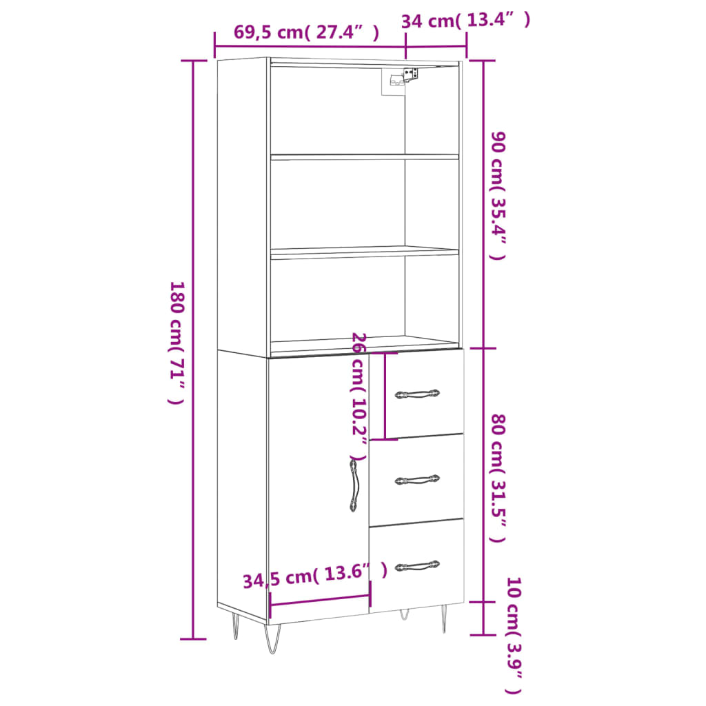 vidaXL Hár Skápur Brún Eik 69,5x34x180 cm Samsettur Viður