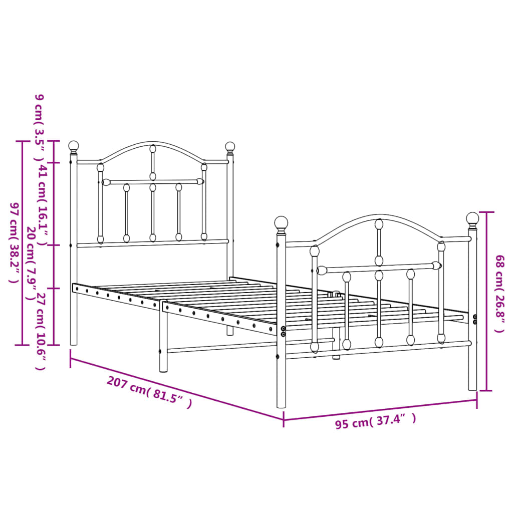 vidaXL Rúmgrind úr Málmi með Höfuðgafli & Fótagafli Svört 90x200 cm