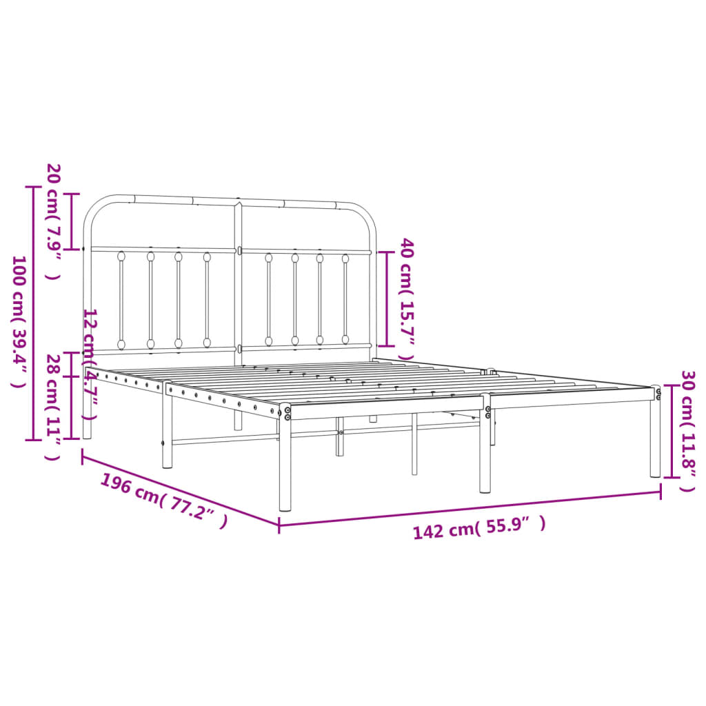 vidaXL Rúmgrind úr Málmi án Dýnu með Höfðagafli Svört 135x190 cm