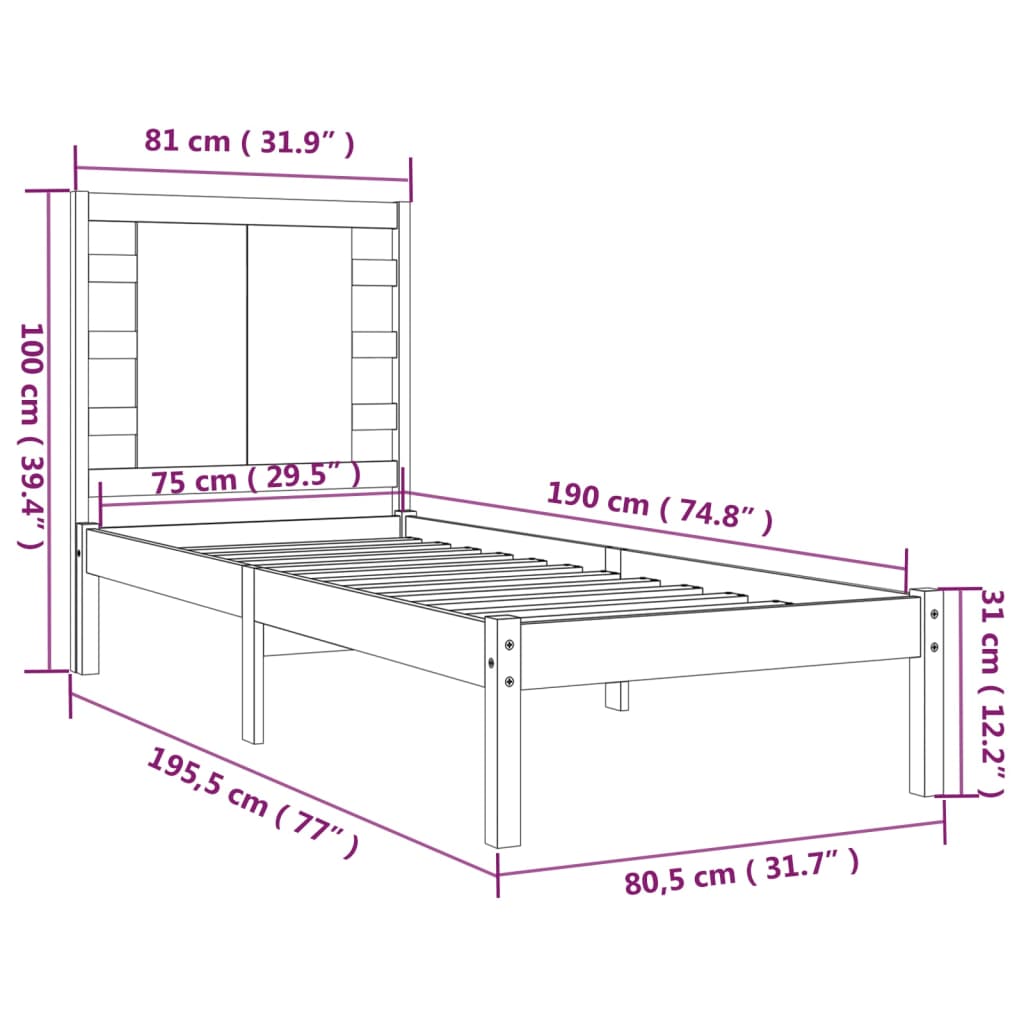 vidaXL Rúmgrind Gegnheill Viður 75x190 cm Lítil Einbreið