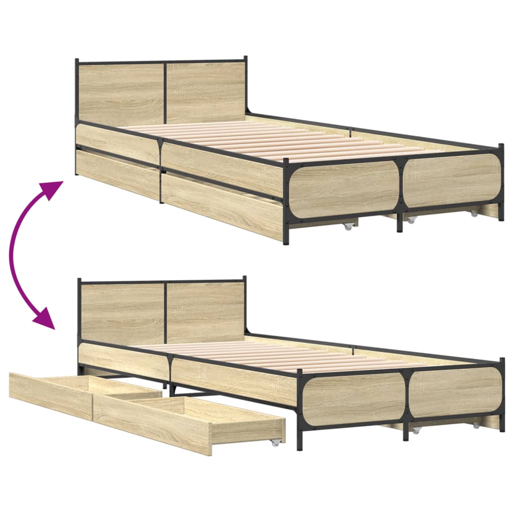 vidaXL Rúmgrind með Skúffum án Dýnu Sonoma Eikarlitur 100x200 cm