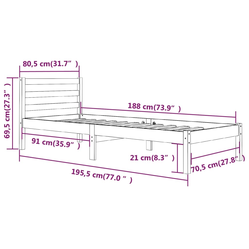 vidaXL Rúmgrind án Dýnu 75x190cm Gegnheill Viður Lítil Einbreið