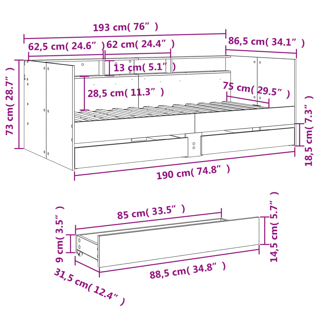 vidaXL Svefnbekkur með Skúffum án Dýnu Steypugrátt 75x190 cm