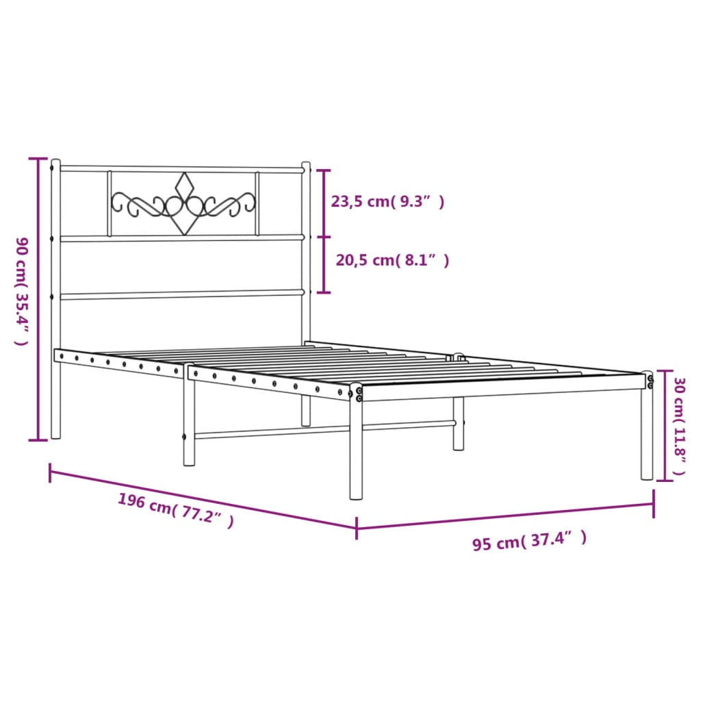 vidaXL Rúmgrind úr Málmi með Höfuðgafli Hvítur 90x190 cm