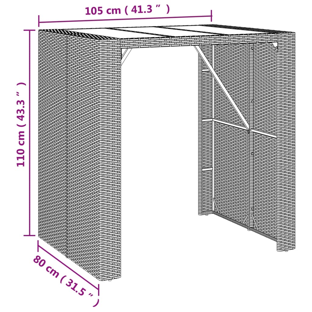 vidaXL Barborð með glerplötu Brúnt 105x80x110 cm Pólýrattan