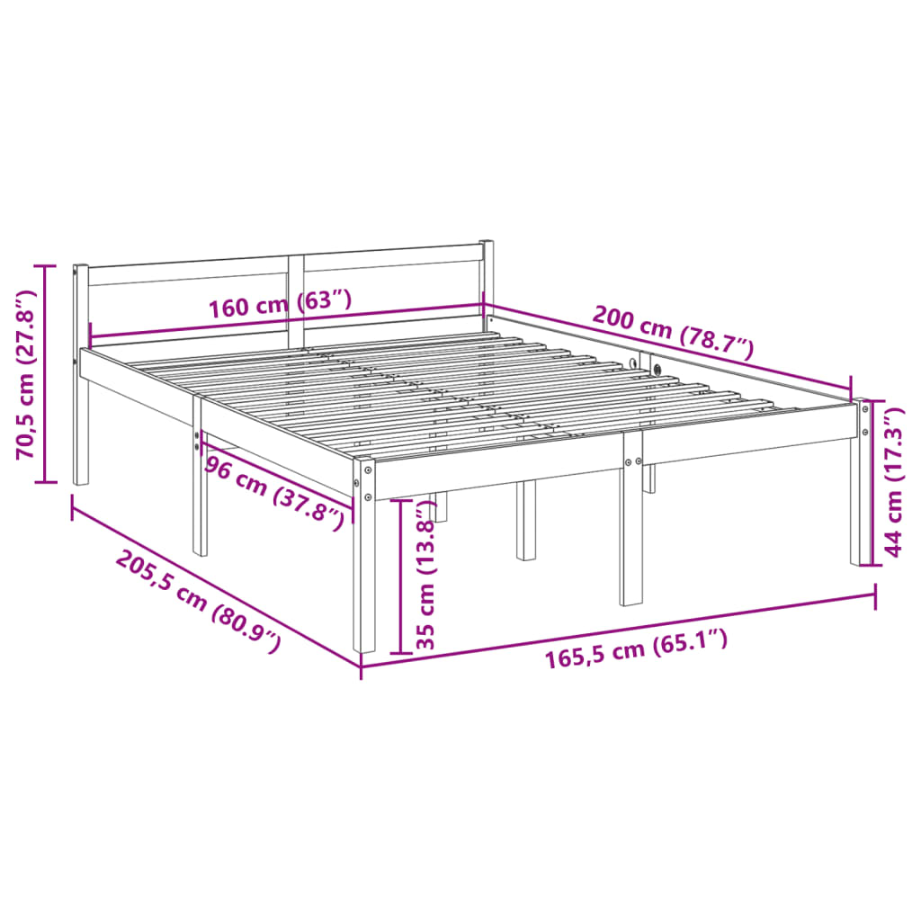 vidaXL Rúmgrind fyrir Eldra Fólk án Dýnu 160x200cm Gegnheil Fura