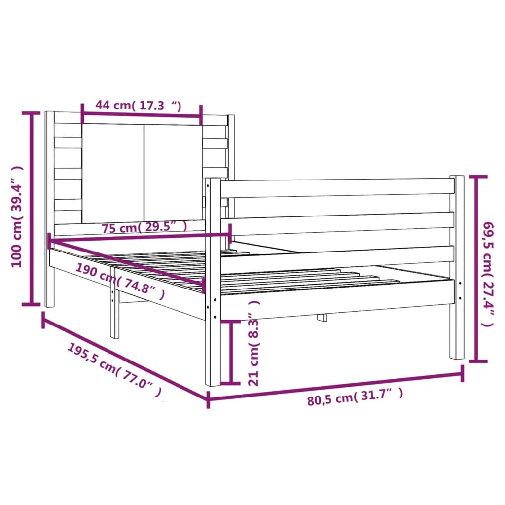 vidaXL Rúmgrind Gegnheil Fura 75x190 cm Lítið Einbreitt