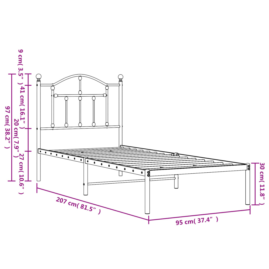 vidaXL Rúmgrind úr Málmi með Höfuðgafli Hvítur 90x200 cm