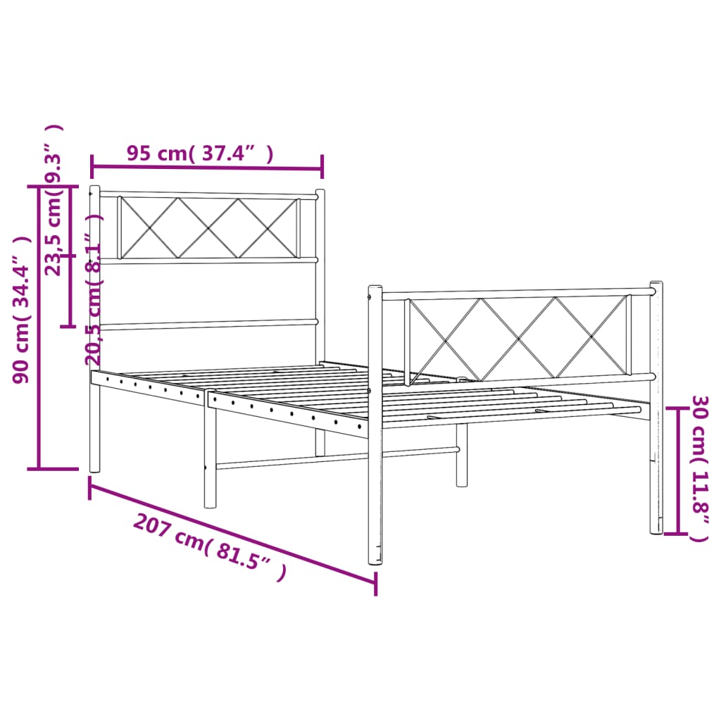 vidaXL Rúmgrind úr Málmi með Höfuðgafli & Fótagafli Hvít 90x200 cm