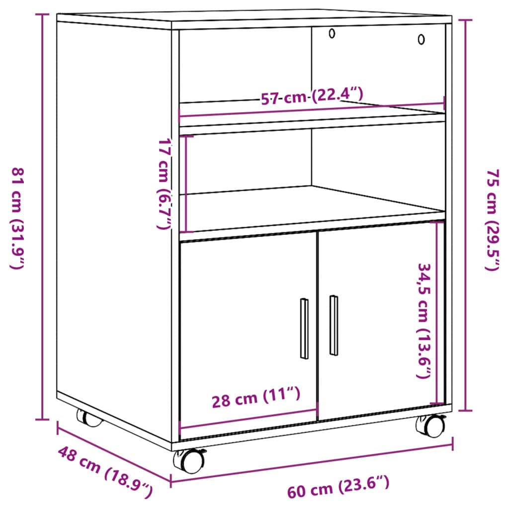 vidaXL Skápur á Hjólum Steypugrár 60x48x81 cm Samsettur Viður