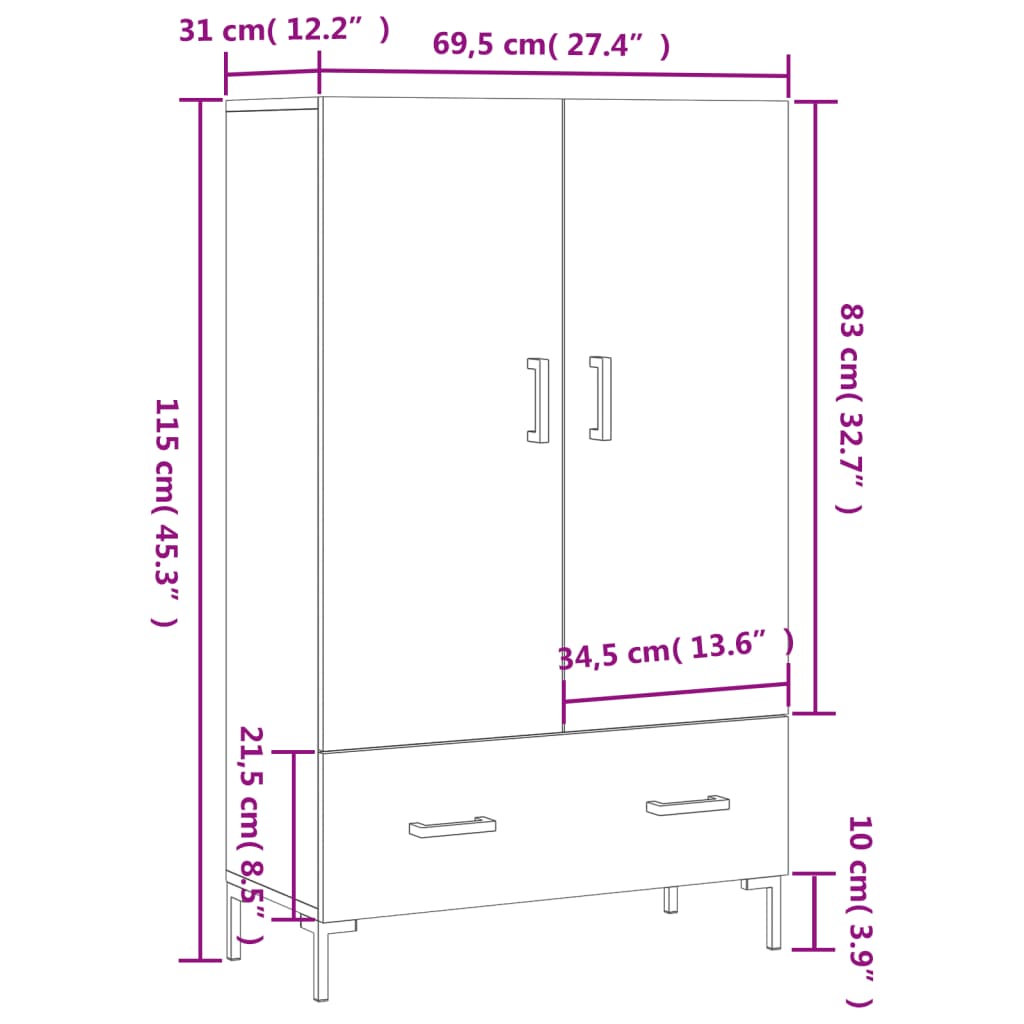 vidaXL Hár Skápur Reyktóna Eikarlitur 69,5x31x115 cm Samsettur Viður