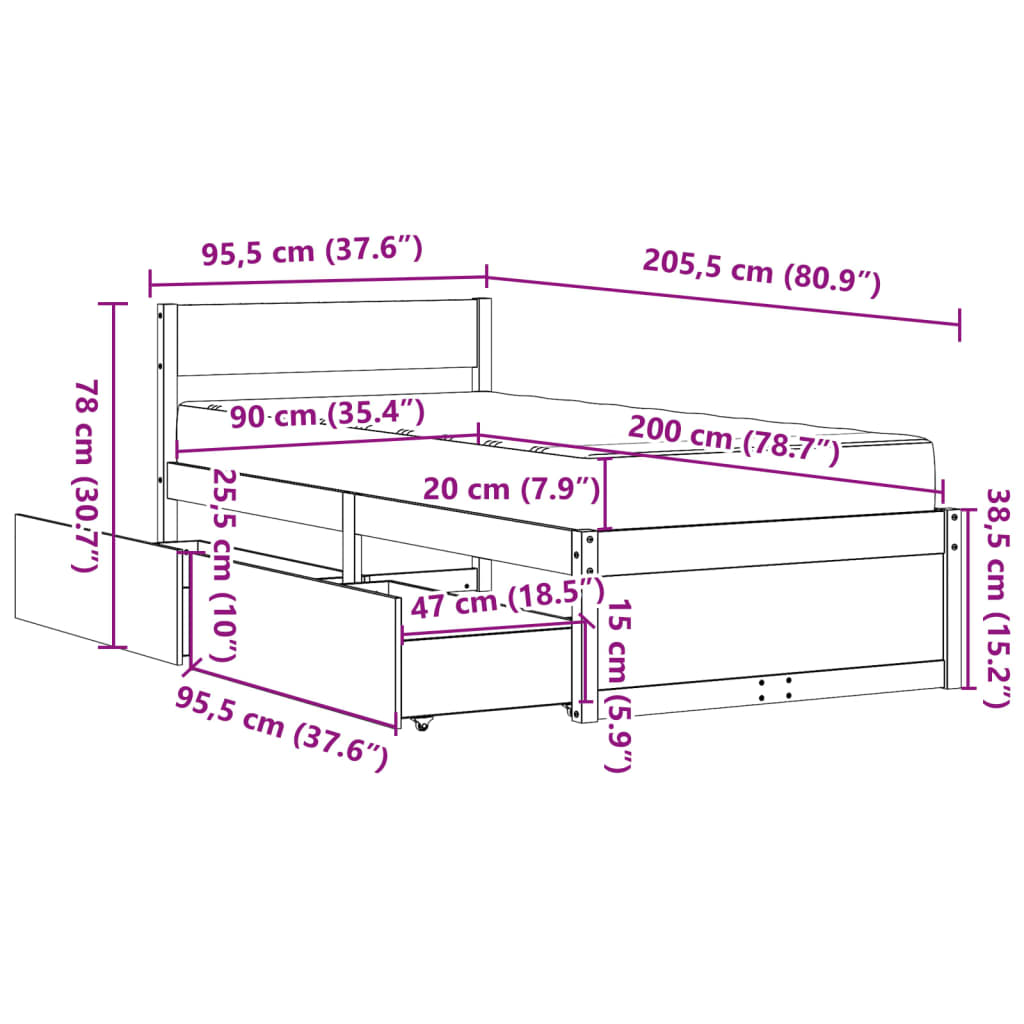 vidaXL Rúmgrind með Skúffum og Dýnu 90x200 cm Gegnheil Fura