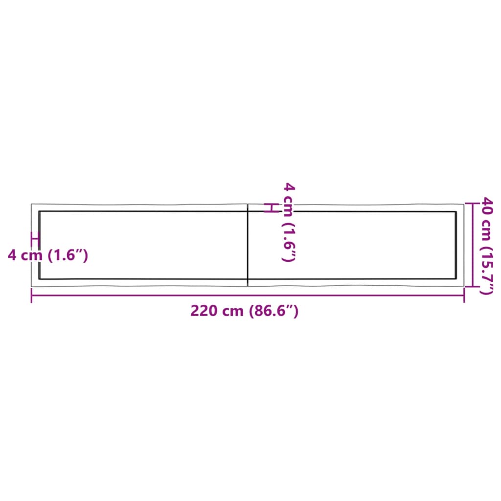 vidaXL Borðplata 220x40x(2-4) cm Ómeðhöndluð Gegnheil Náttúrul. Brúnir