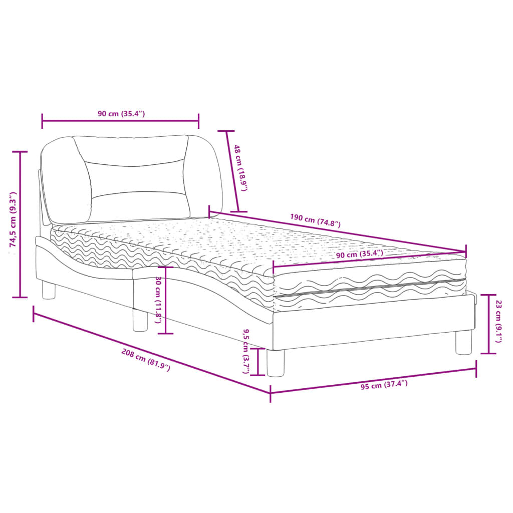 vidaXL Rúm með Dýnu Dökkgrár 90x190 cm Textílefni