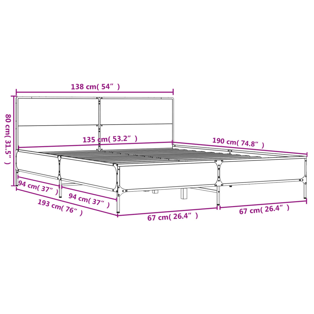 vidaXL Rúmgrind án Dýnu Reyktóna Eikarlitur 135x190 cm