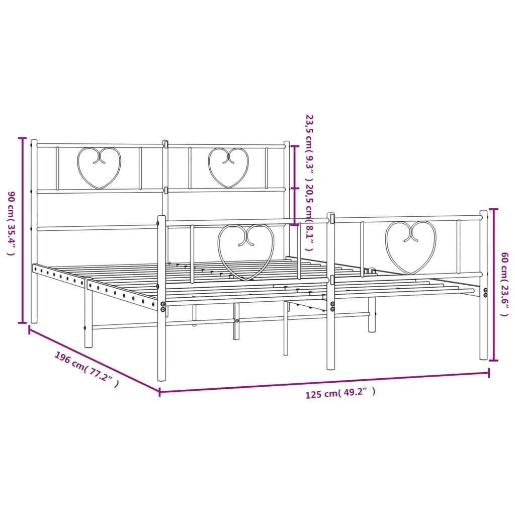 vidaXL Rúmgrind úr Málmi með Höfuðgafli & Fótagafli Svört 120x190 cm