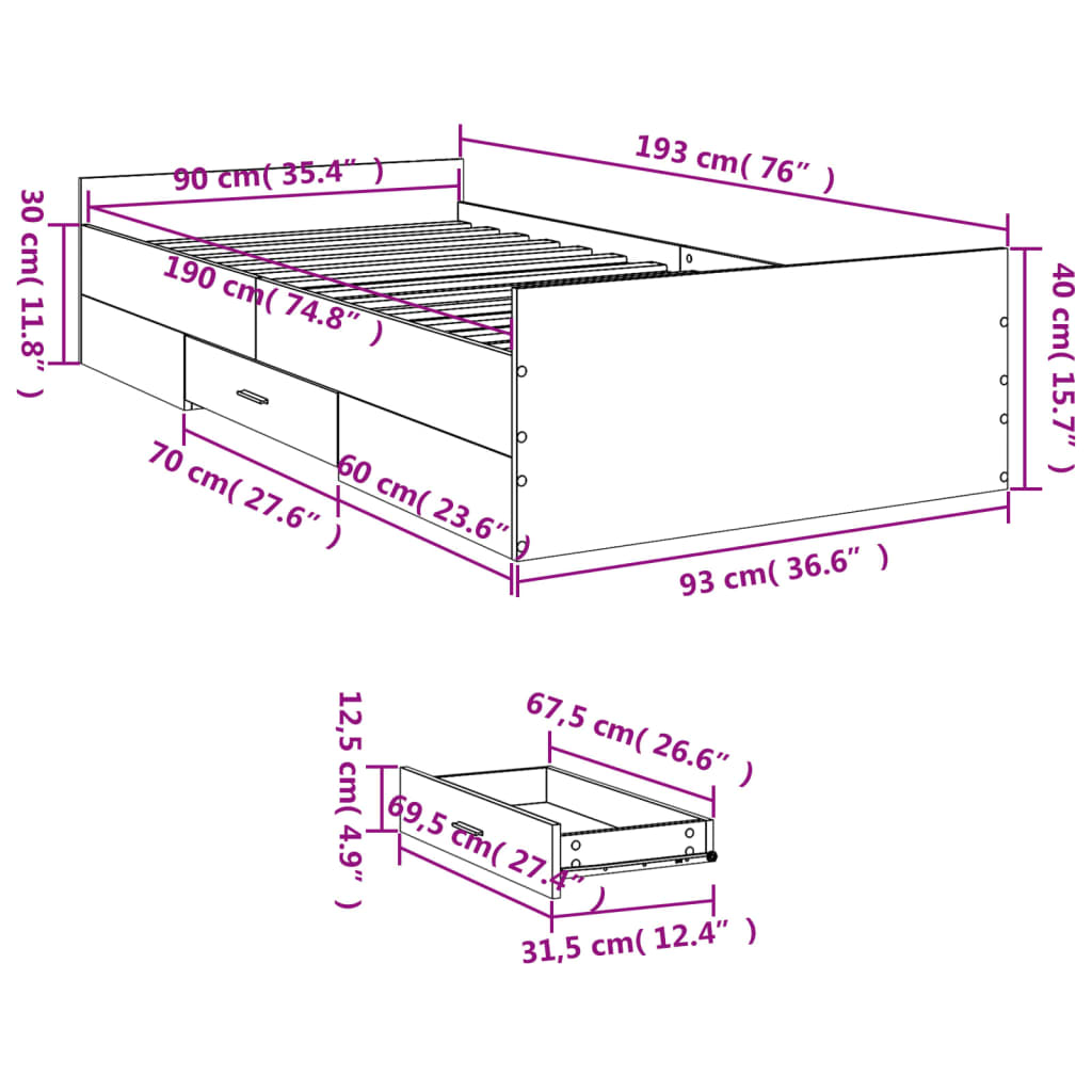 vidaXL Rúmgrind með Skúffum Sonoma Eik 90x190 cm Samsettur Viður