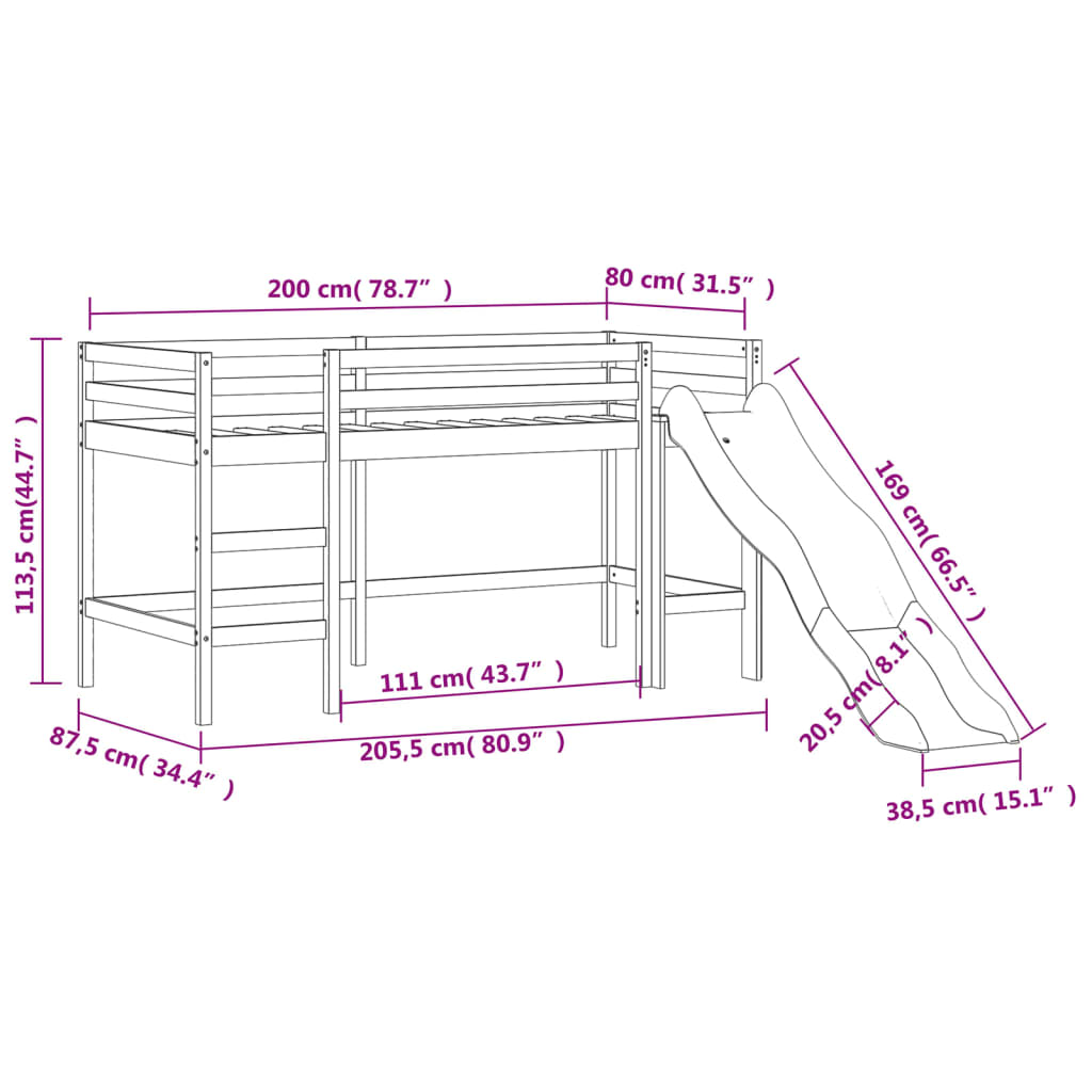 vidaXL Krakkakoja með Turni Blár 80x200 cm Gegnheil Fura