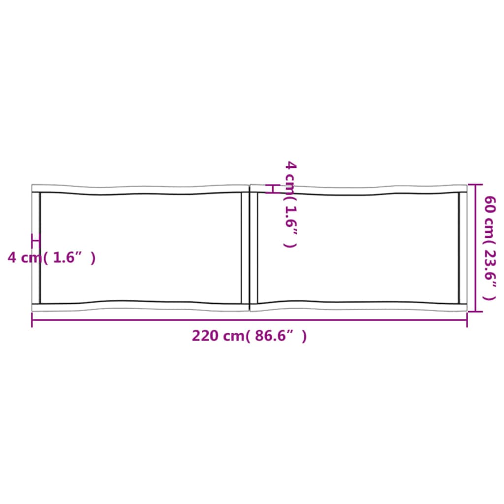 vidaXL Borðplata Ljósbrún 220x60x(2-6) cm Meðhöndluð Náttúrul. Brúnir