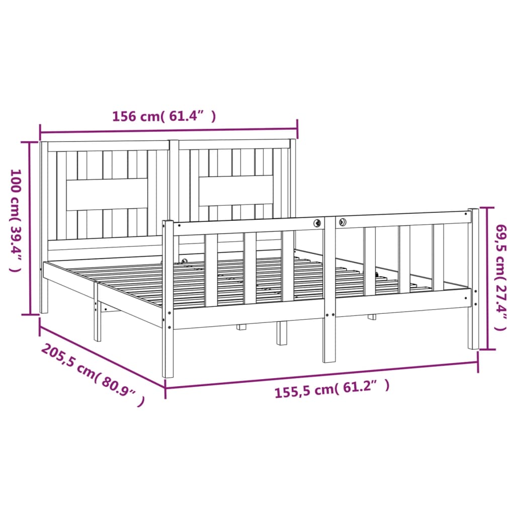 vidaXL Rúmgrind með Höfuðgafli 150x200 cm King Size Gegnheil Fura