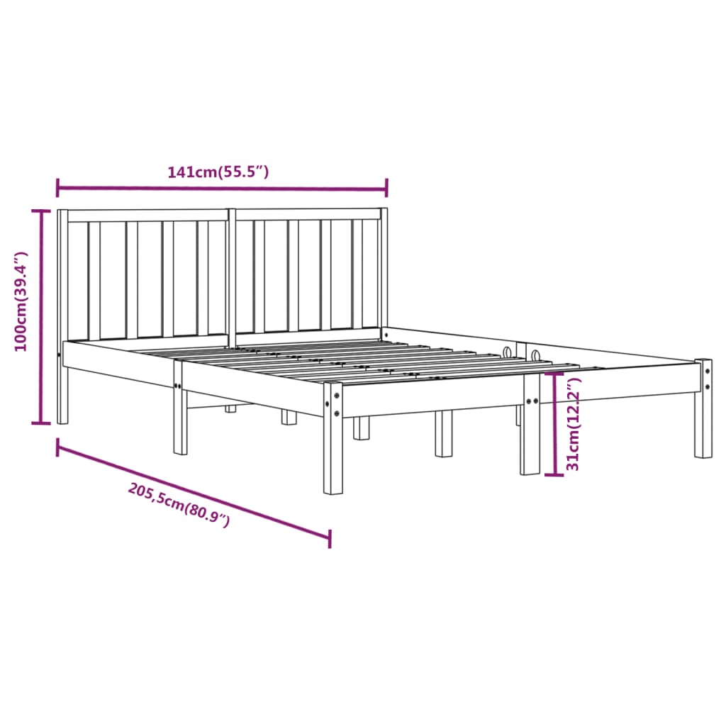 vidaXL Rúmgrind án Dýnu Svört 135x190 cm Gegnheil Fura