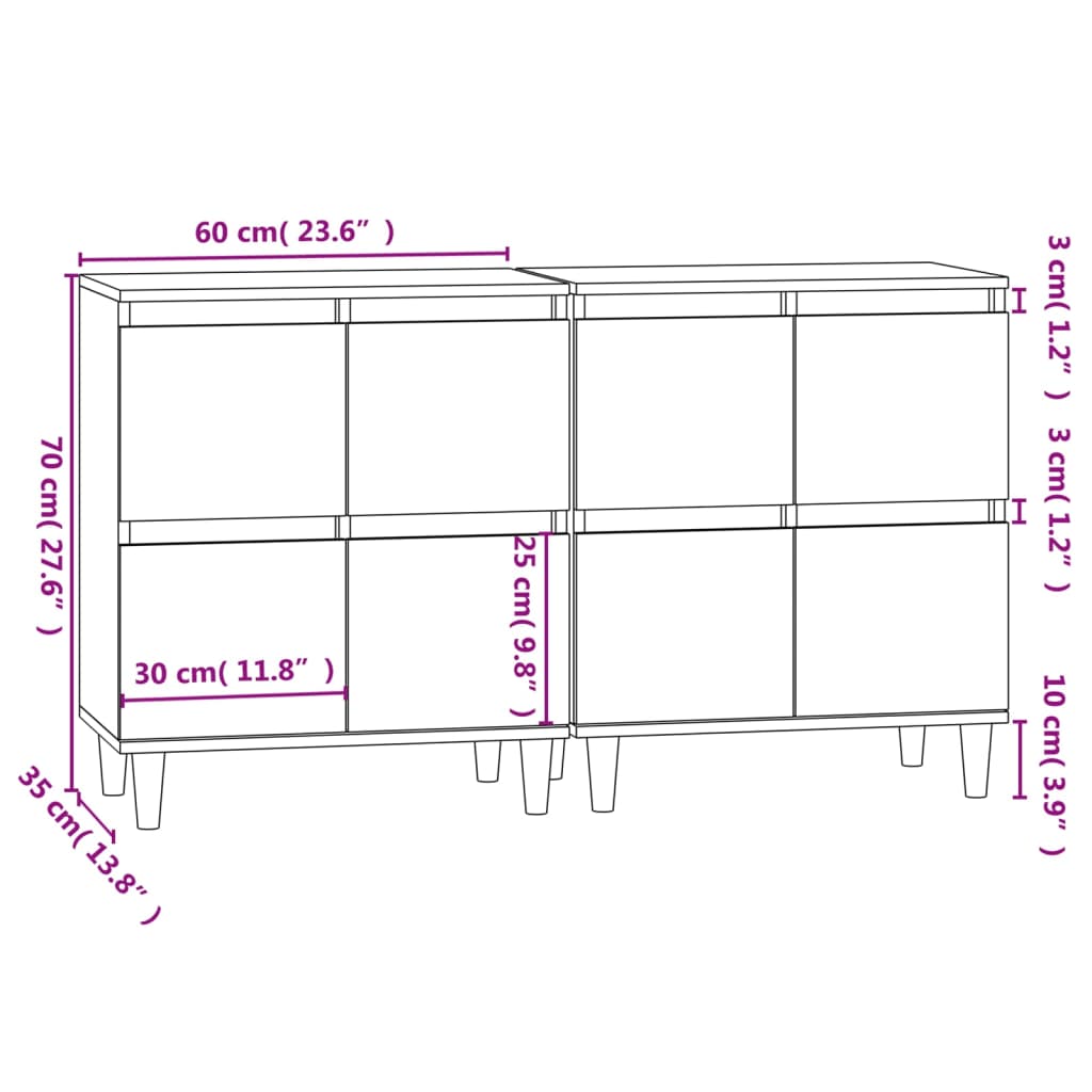 vidaXL Skenkir 2 stk. Reyklituð Eik 60x35x70 cm Samsettur Viður