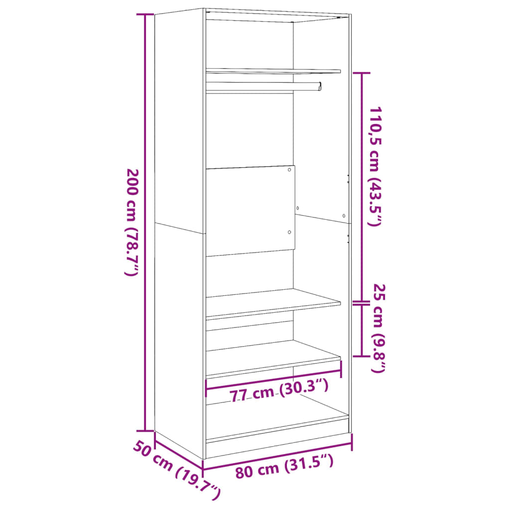 vidaXL Fataskápur Grár Sonoma 80x50x200 cm Samsettur Viður