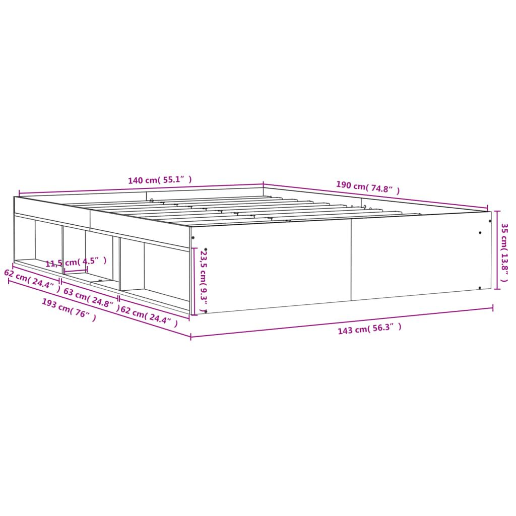 vidaXL Rúmgrind án Dýnu Steypugrátt 140x190 cm