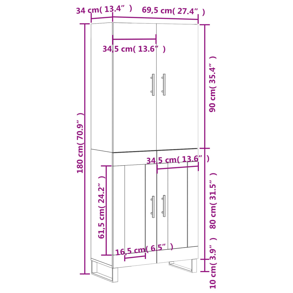 vidaXL Hár Skápur Hvítur 69,5x34x180 cm Samsettur Viður