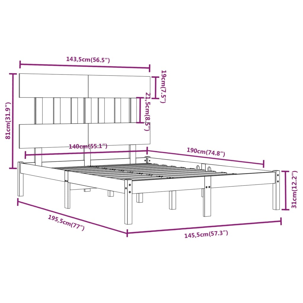 vidaXL Rúmgrind Svört Gegnheil Viður 140x190 cm