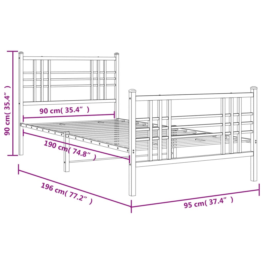 vidaXL Rúmgrind úr Málmi með Höfuðgafli & Fótagafli Hvít 90x190 cm