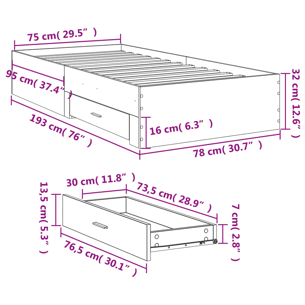 vidaXL Rúmgrind með Skúffum án Dýnu Svartur 75x190 cm