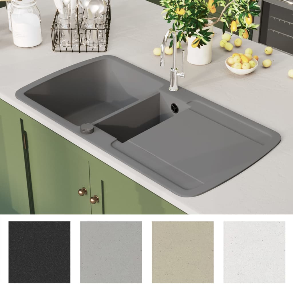 142947 vidaXL Granite Kitchen Sink Double Basin Grey