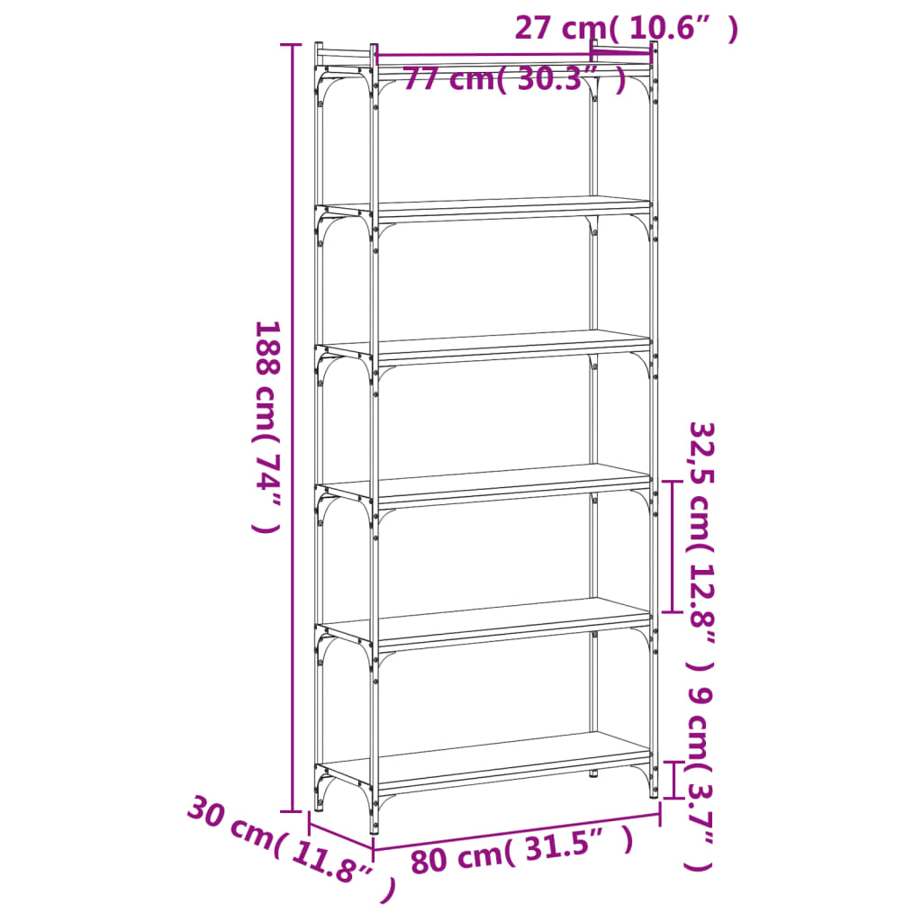 vidaXL Bókahilla með 6 Hillum Svört 80x30x188 cm Samsettur Viður